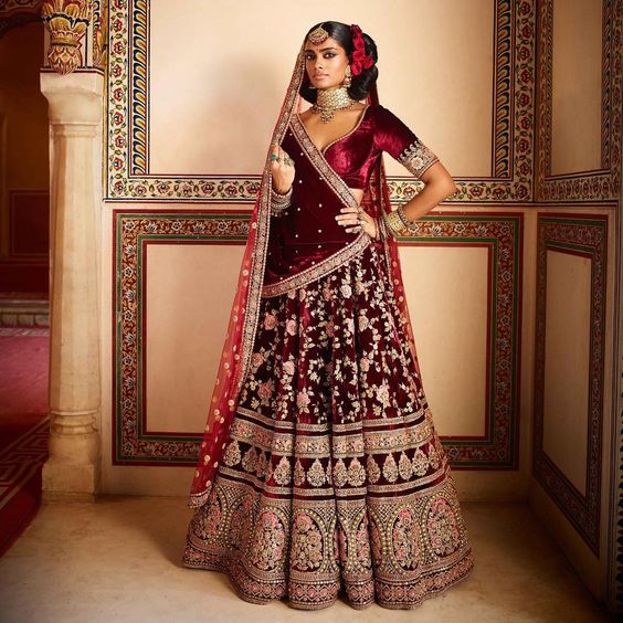 bordeaux velvet lehnga sabyasachi