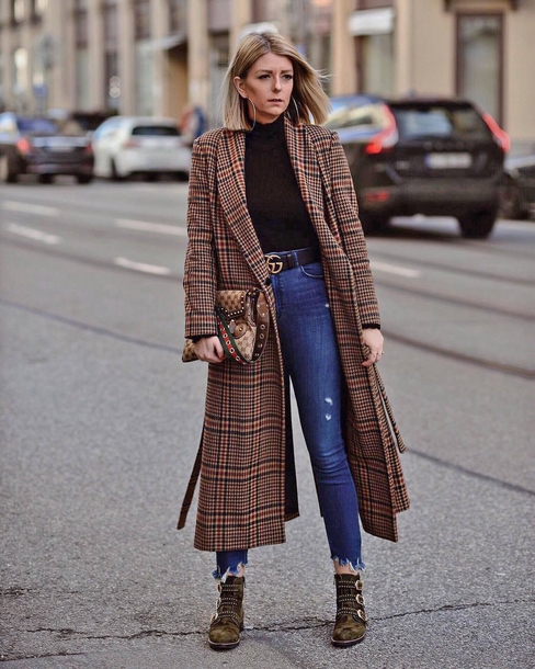 c2k4m8 l 610x610 coat tumblr plaid plaidcoat browncoat longcoat black denim jeans bluejeans boots ankleboots