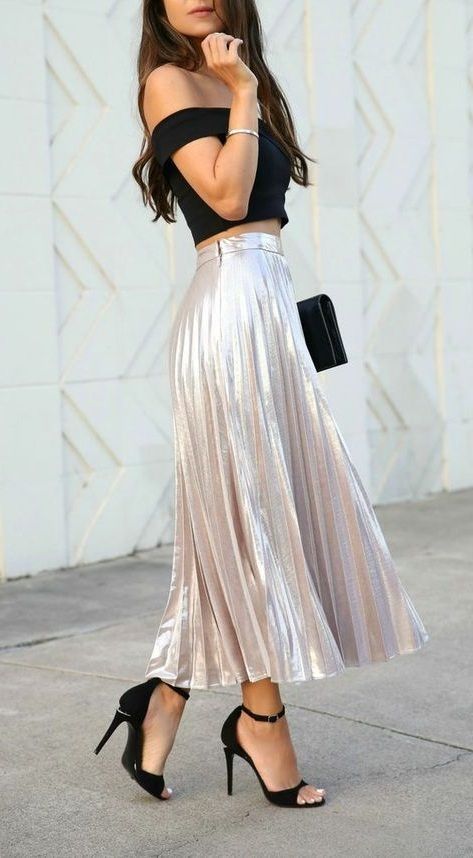 metallic pleated skirt with off shoulder top