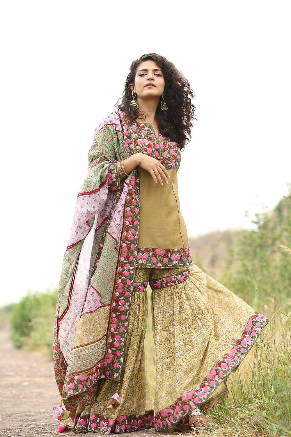 Hand Block Print Dupatta and Kurta with Gharara in Kashida Embroidery