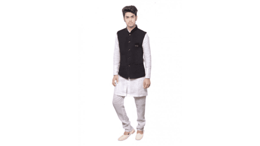 Glossy jacket over white kurta pyjama Indowestern Fits for men