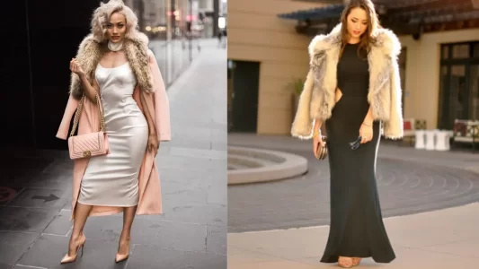 Maxi dress with a trench coat and fur vest 