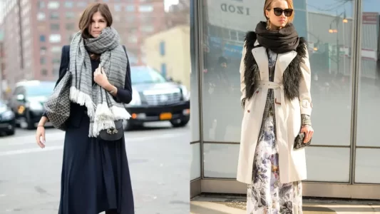 maxi dress with a blazer and a huge scarf